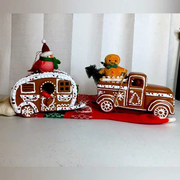 Christmas Gingerbread Retro Ceramic Truck & Wood Camper Clay Handpainted